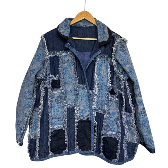 Jackets & Blazers - Patchwork Denim Jacket Indigo Floral Quilted Artwear